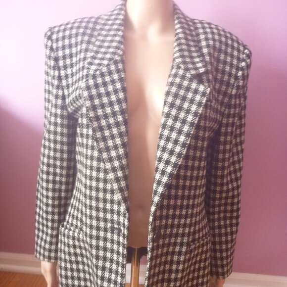Jones New York Women 100% Pure Wool Black White Blazer 10 Checkered Lapel Single - Picture 3 of 16
